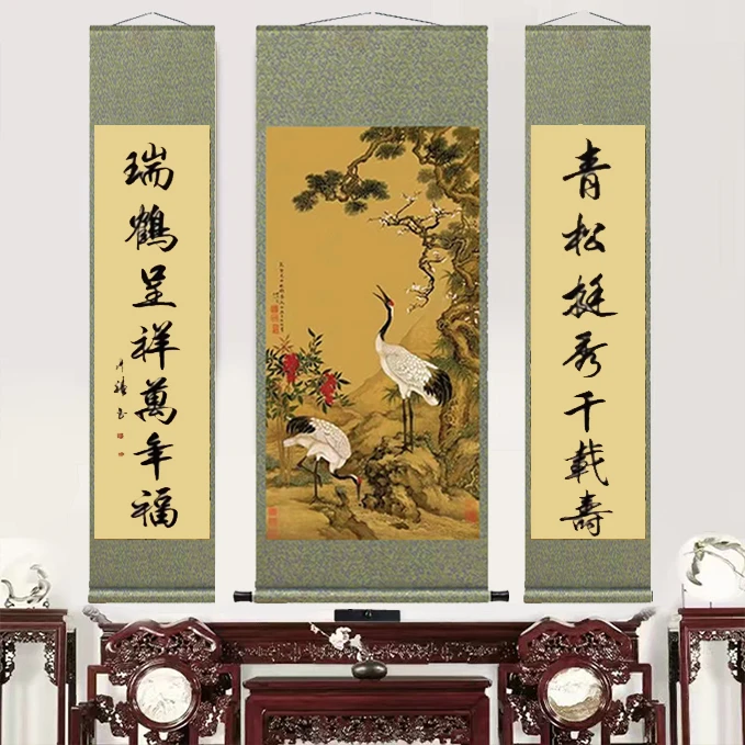 180*155国画中堂画三联对联瑞鹤书法国画书房茶室装裱装饰挂画