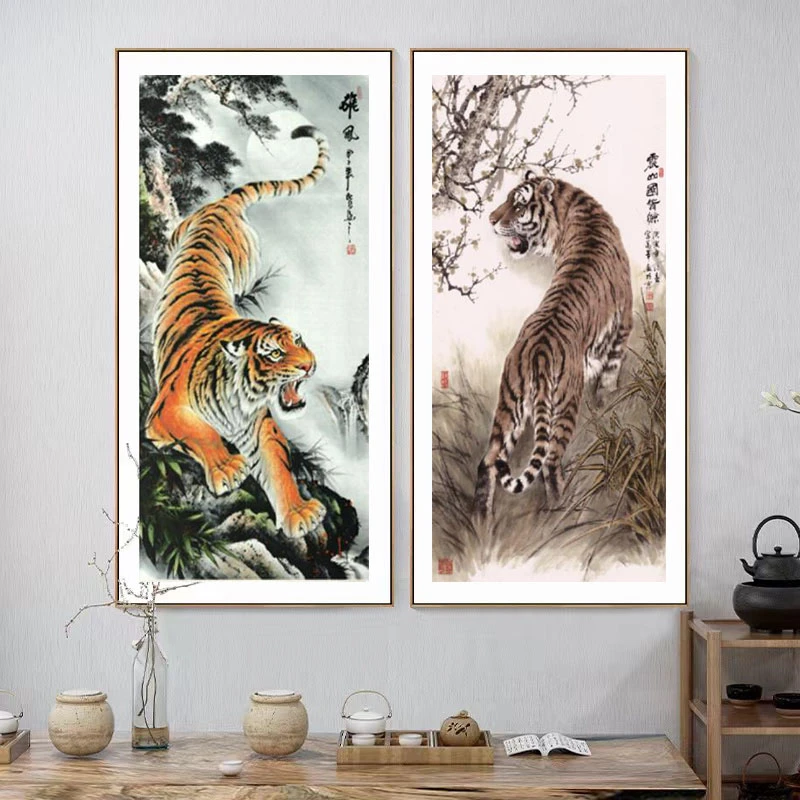 180*150上山虎下山虎一对老虎国画中堂客厅会客厅卷轴高档挂画
