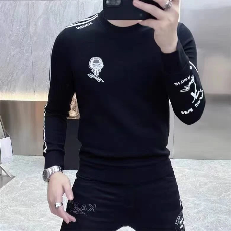 24秋冬男士欧货胸前小老头手臂条纹加绒打底衫