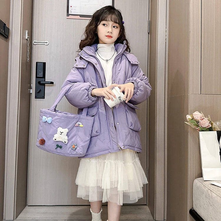 女童冬季保暖棉衣中大女孩中小儿童棉服冬装加厚中长款外套送包包