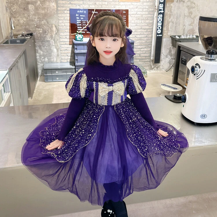 冬款女童连衣裙红色加厚亮片蝴蝶结艾莎公主裙小女孩新年装礼服裙