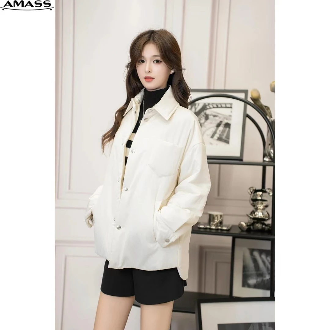 AMASS/阿玛施冬季新款女装休闲翻领宽松单排扣中长棉服5400658