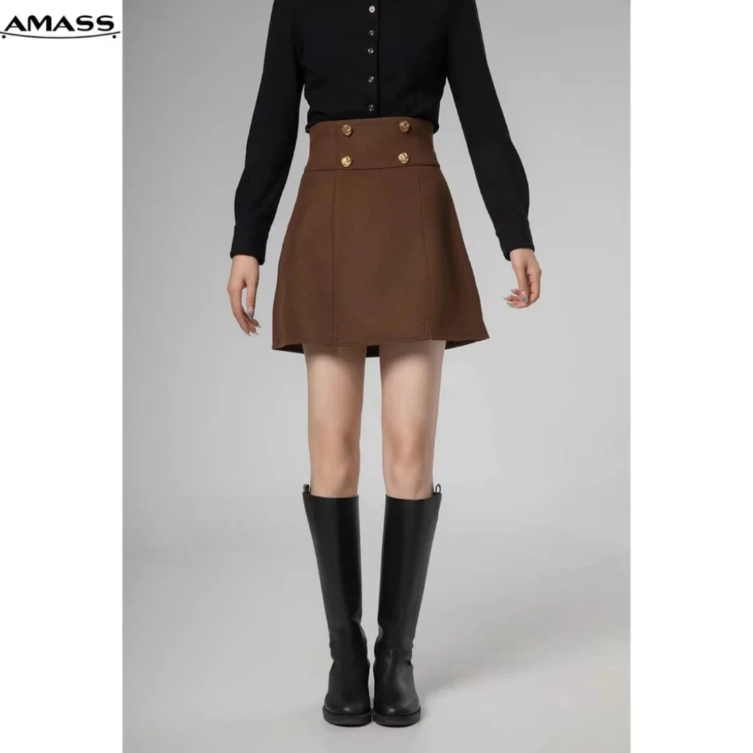 AMASS/阿玛施5200373设计感百搭高腰双排扣纯色开叉短裙半身裙女
