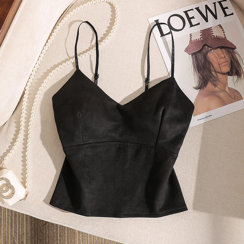 简约黑色吊带背心女内搭带胸垫性感修身免穿内衣洋气美背抹胸上衣