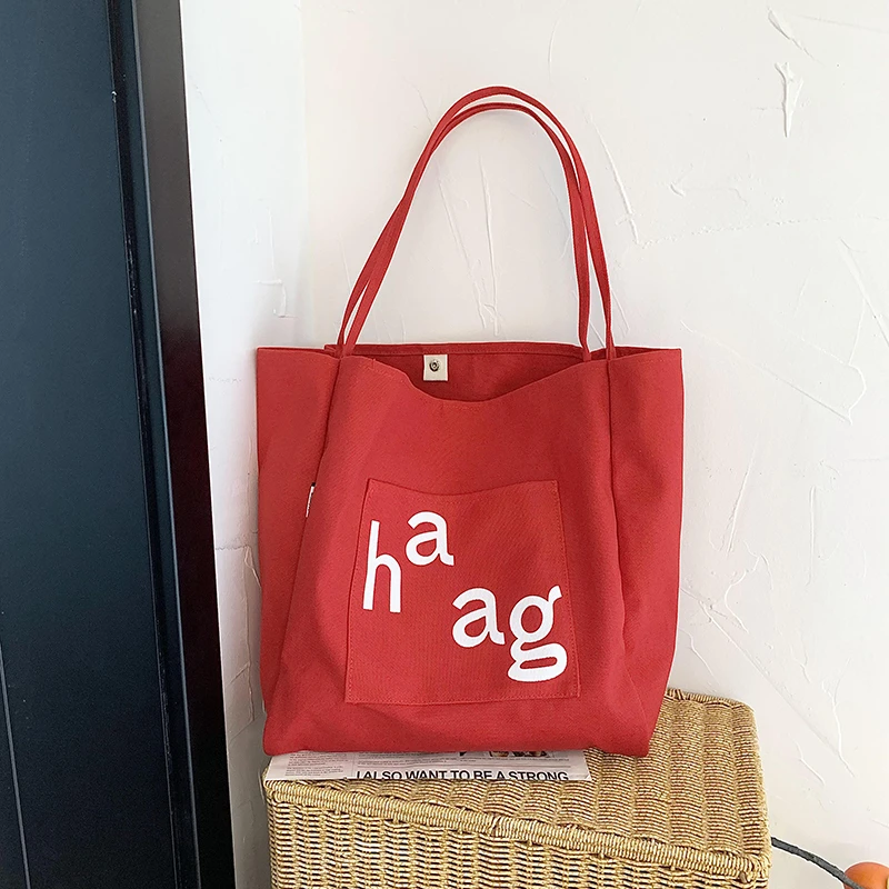 帆布包女明星博主同款大容量单肩包简约印花韩版购物袋红色休闲