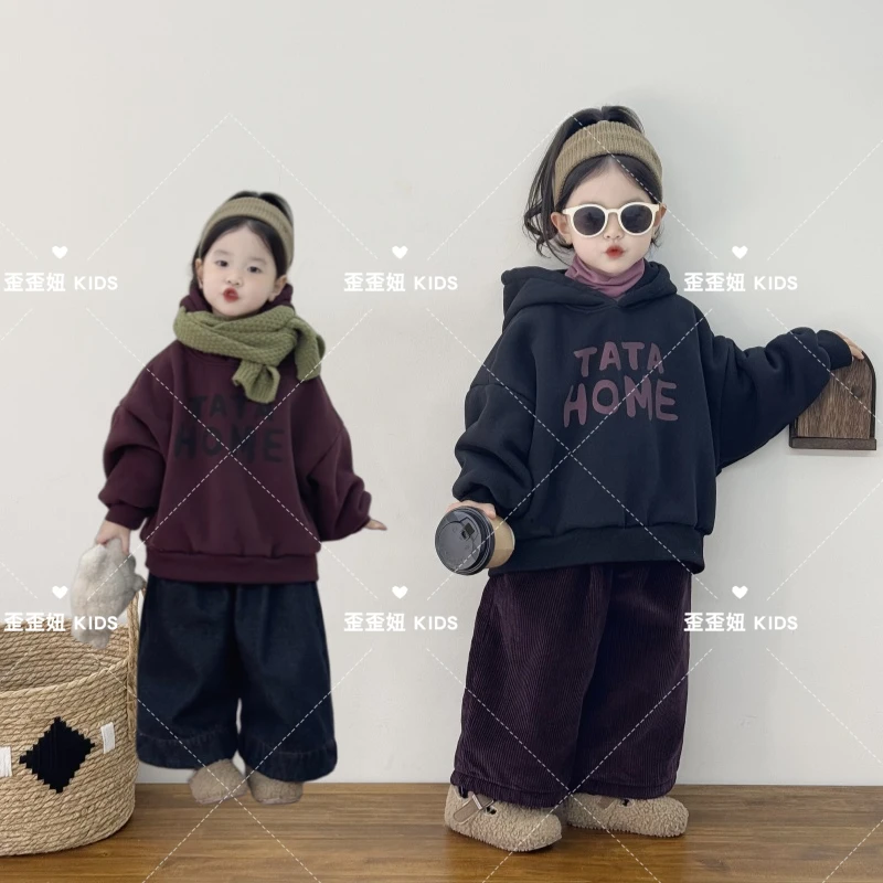 【歪歪妞童装】24156男女童加厚保暖字母印花加绒连帽卫衣