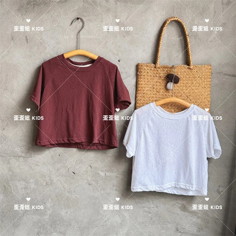 【歪歪妞童装】2409儿童极简日系垂感柔软圆领短袖T恤男女童超薄