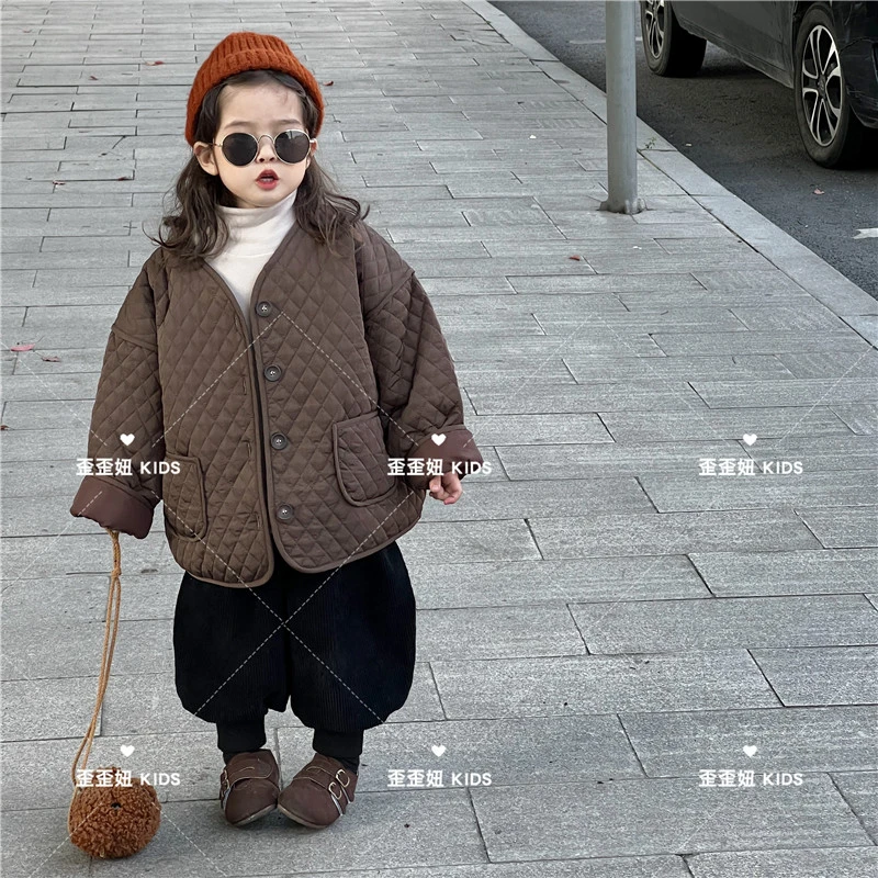 【歪歪妞童装】8852儿童复古森系蚕丝棉棉服日韩男童女童菱形格棉袄