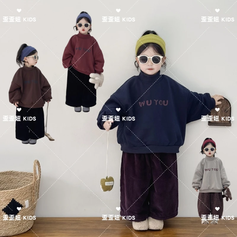 【歪歪妞童装】241866儿童复古百搭字母印花加厚自发热保暖卫衣冬季