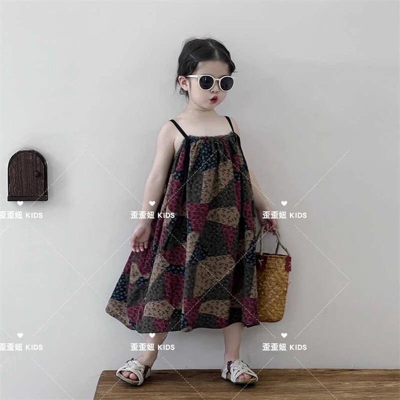 【歪歪妞童装】24067复古亚麻吊带连衣裙日系女夏季碎花度假长裙