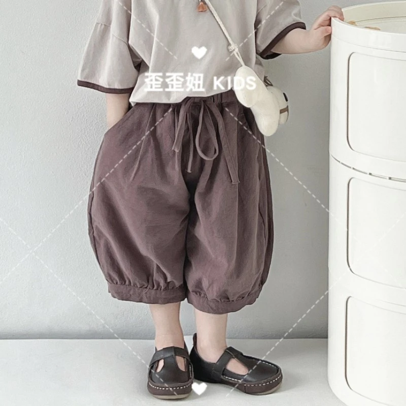 【歪歪妞童装】2340儿童复古棉麻中性宝宝七分裤中小童休闲宽松裤子