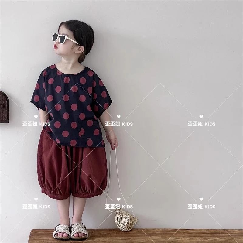 【歪歪妞童装】2425儿童复古森系波点圆领棉麻纺短袖T恤日韩上衣