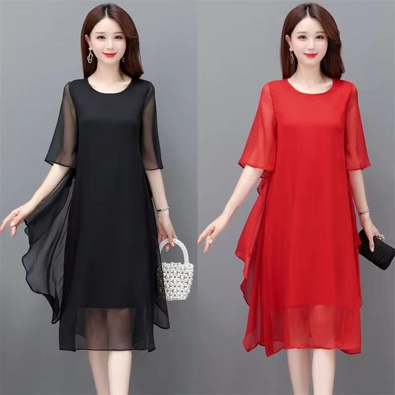 夏季新款轻奢高端女装宽松连衣裙大码显瘦雪纺妈妈新中式国风裙子