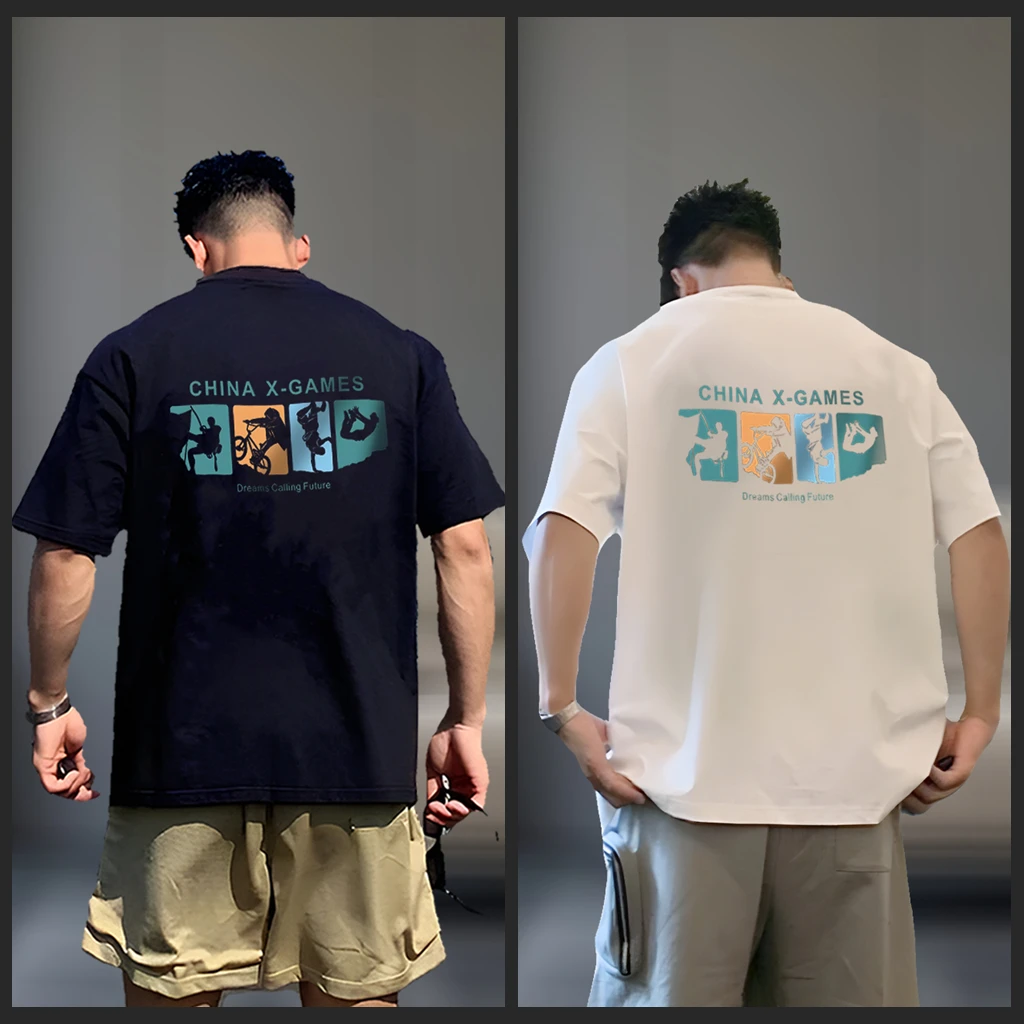 新品2025爆款黑色印花短袖T恤男士宽松纯棉半袖圆领大码国潮