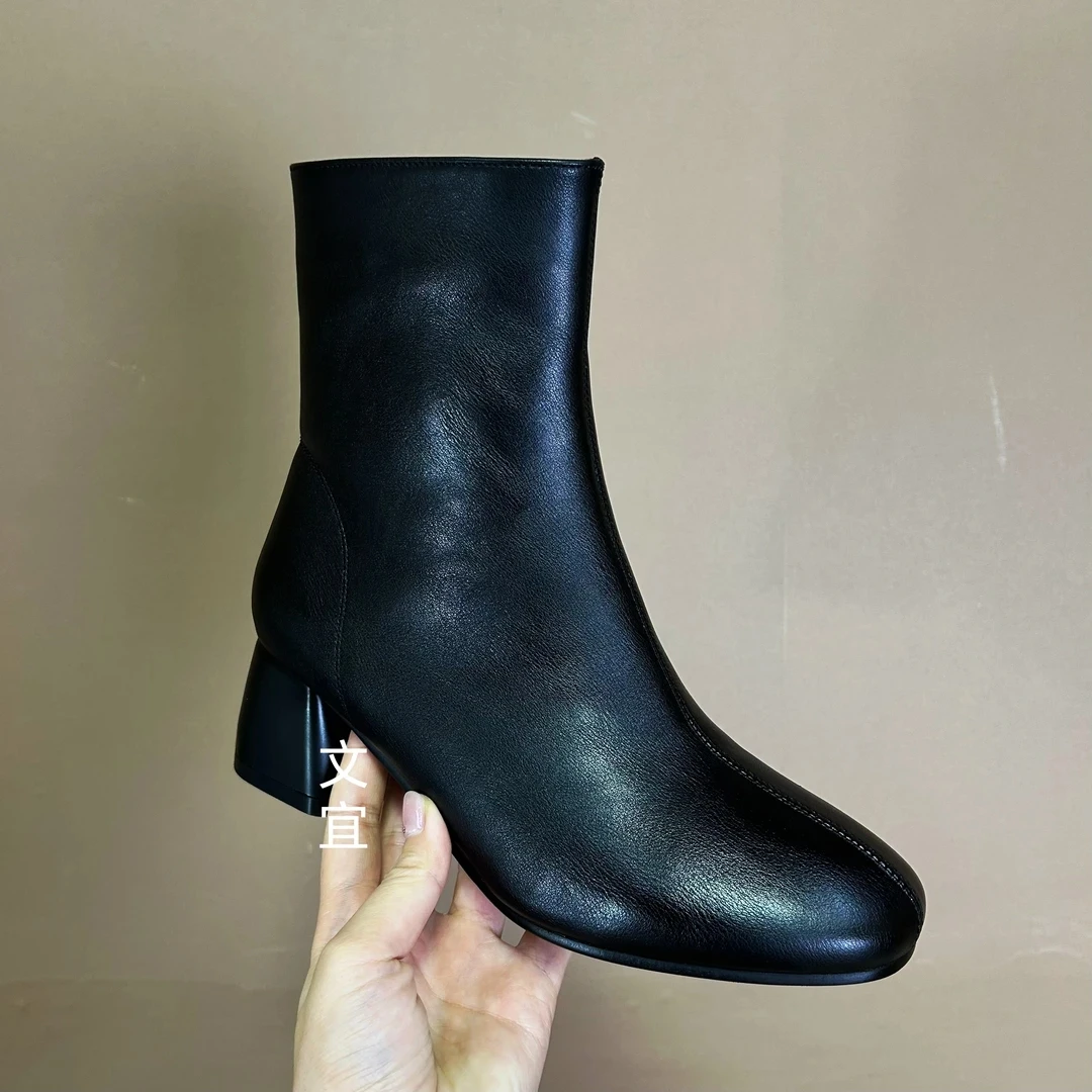 新款马丁靴女鞋时装短靴中跟百搭气质时尚舒服软底软面拉链粗跟棉