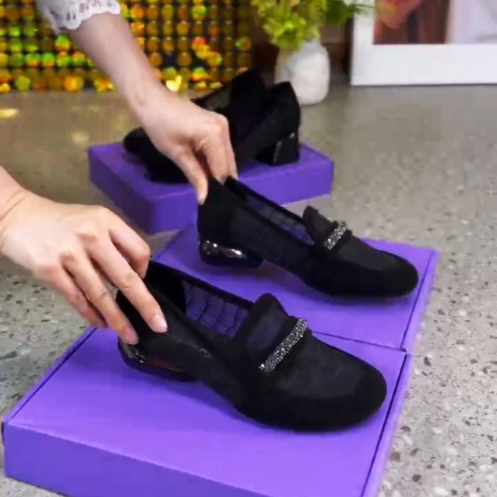 新款网鞋透气女款粗跟低跟妈妈鞋夏季时尚软底百搭单鞋圆头乐福鞋