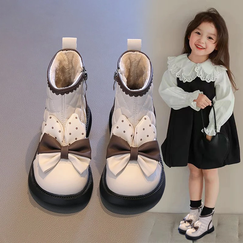女童短靴2024冬季新款时尚蝴蝶结加绒马丁靴女孩洋气公主保暖皮靴