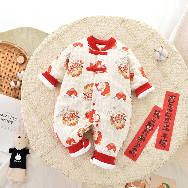 婴儿连体衣夹棉加厚国潮棉衣新生幼儿爬服宝宝衣服冬装外出服