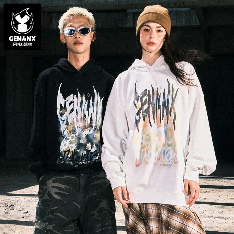 【雅丹风】GENANX闪电潮牌涂鸦印花暖皮情侣连帽薄绒卫衣男W1115