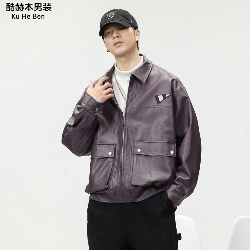 秋冬季重磅复古紫色皮衣男潮流美式机车夹克宽松痞帅工装休闲外套