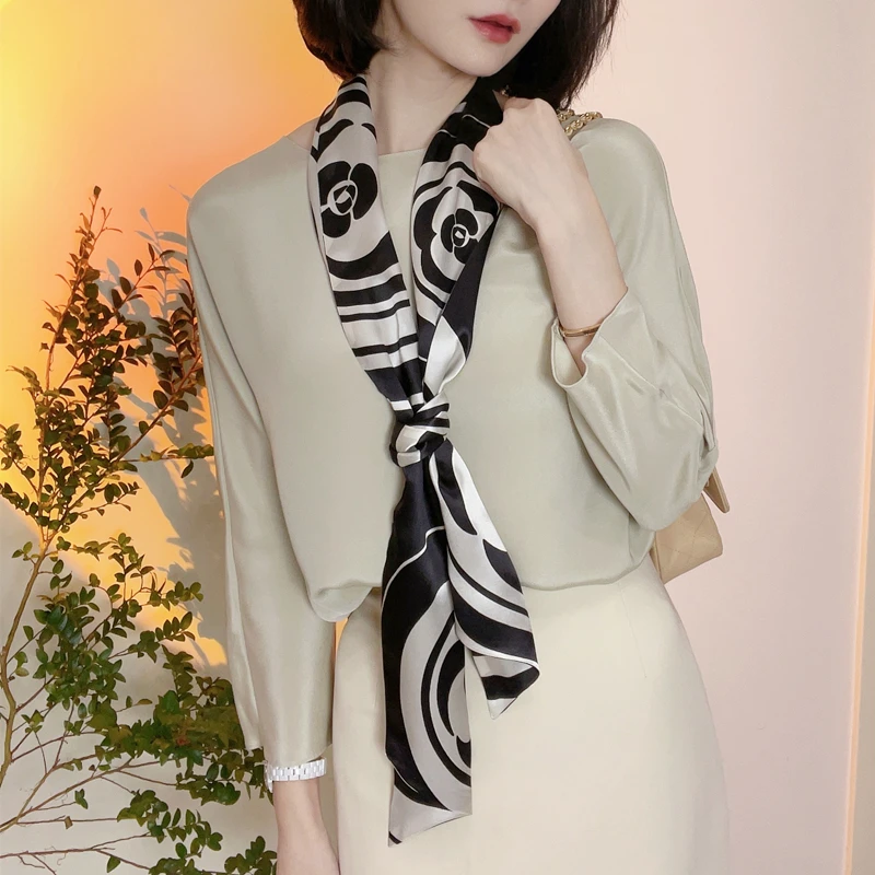 高档桑蚕丝山茶花真丝长条丝巾150x17