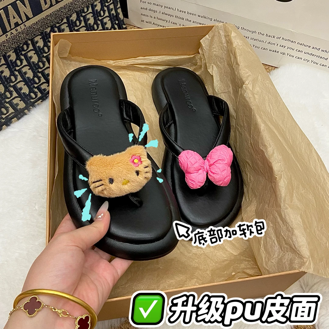 新款不规则蝴蝶结kitty人字拖女休闲百搭软底增高防滑夹趾凉拖鞋