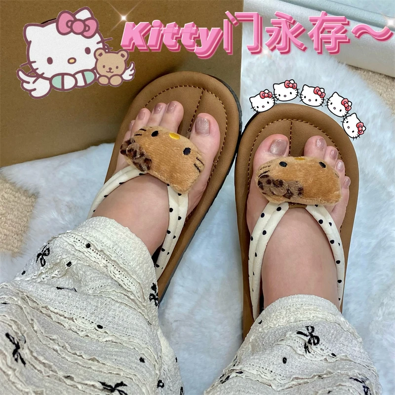 ins网红百搭豹纹kitty凯蒂猫波点人字拖女高颜值软底耐磨夹趾拖鞋