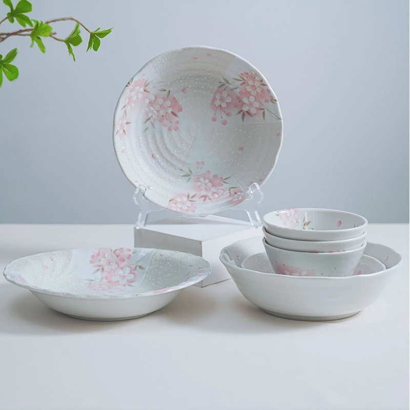 樱花6件套-美浓烧日本进口陶瓷家用碗盘套装日式高颜值吃饭碗餐具