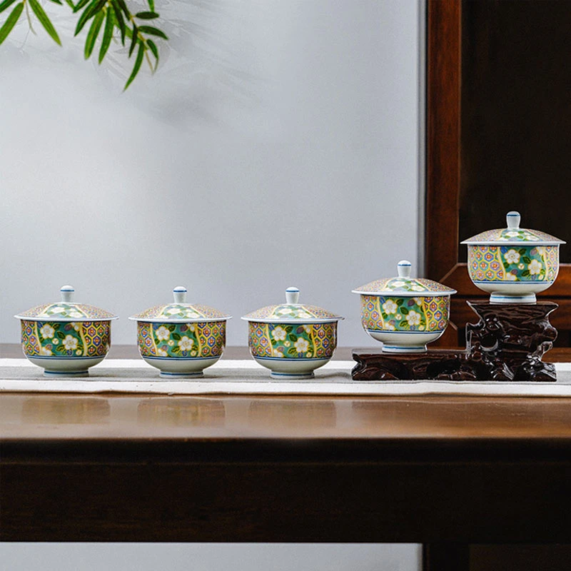 【蛇年】美浓烧有田烧锦地七宝陶瓷茶杯带盖礼盒装