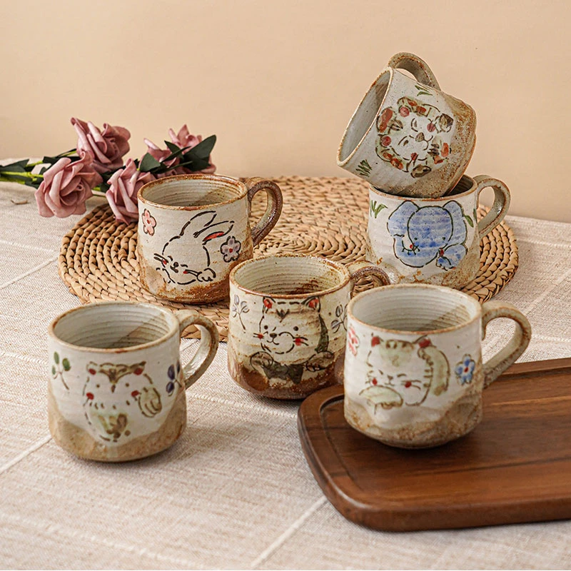日本进口濑户烧手绘咖啡杯日式侘寂风粗陶马克杯可爱猫咪成人杯子