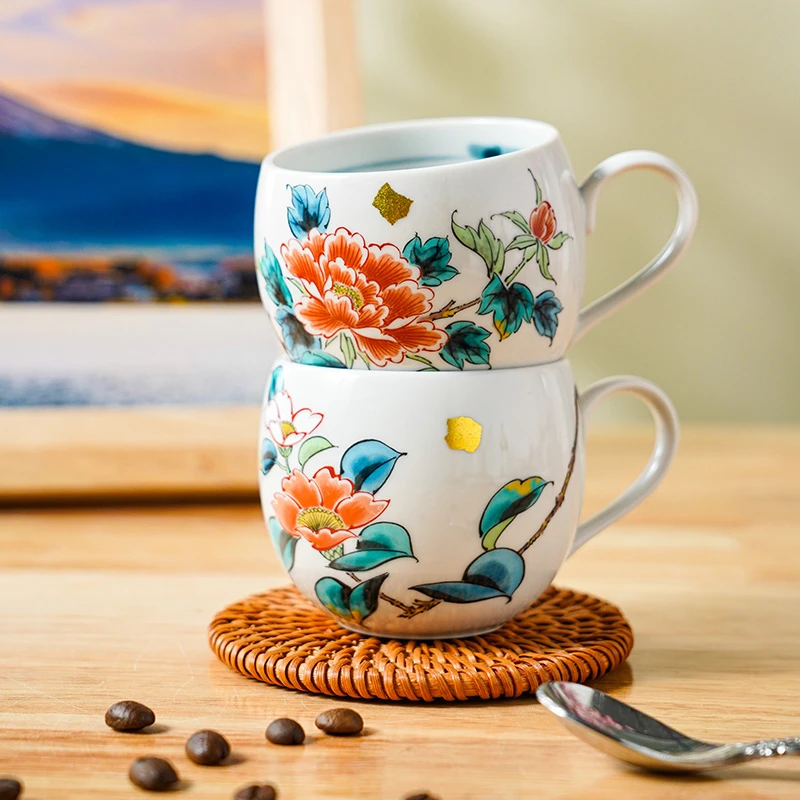 【蛇年】日本进口九谷陶瓷咖啡杯配碟日式草花绘变