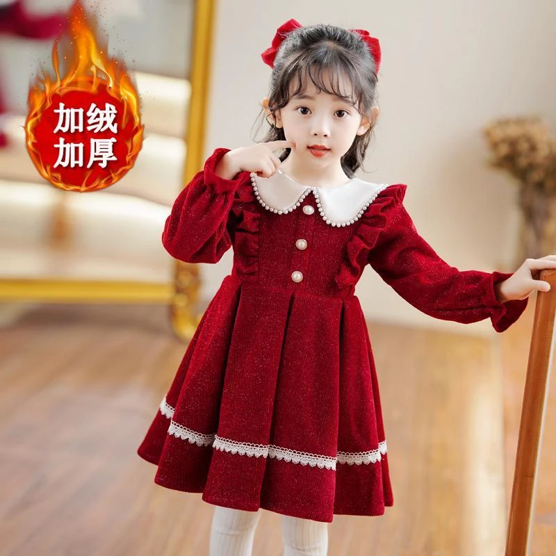 女童红色连衣裙2023秋冬新款洋气女孩网红公主裙儿童拜年服新年装