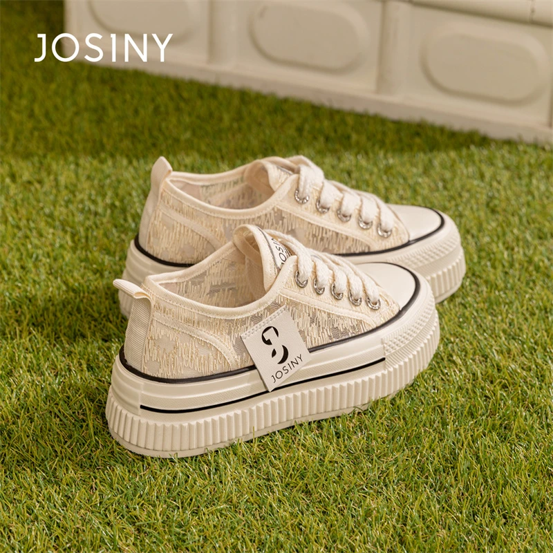 卓诗尼厚底鞋子女款2025秋季新款网面透气饼干帆布蕾丝渔夫小白鞋