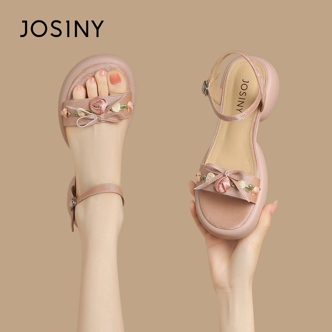 卓诗尼女士凉鞋2025新款夏季带花一字带新中式国风蝴蝶结厚底女鞋