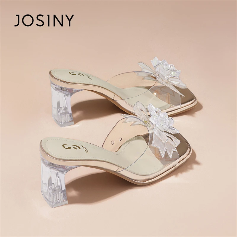 卓诗尼蝴蝶结凉拖鞋女高跟2025年夏季新款水钻一字仙女风透明凉鞋