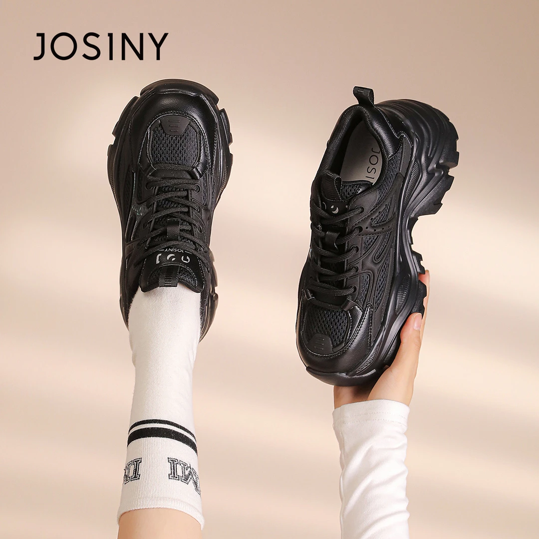 卓诗尼老爹鞋女款秋季2025新款女鞋透气网面鞋子女厚底黑色运动鞋