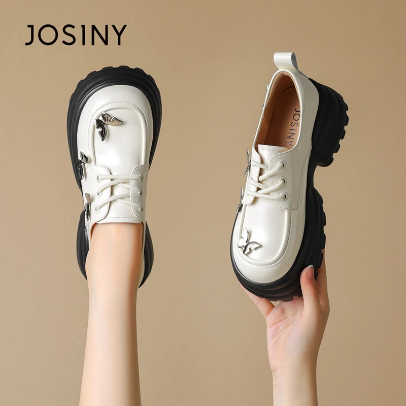 卓诗尼单鞋女冬季2025新款爆款松糕厚底鞋子系带小皮鞋增高乐福鞋