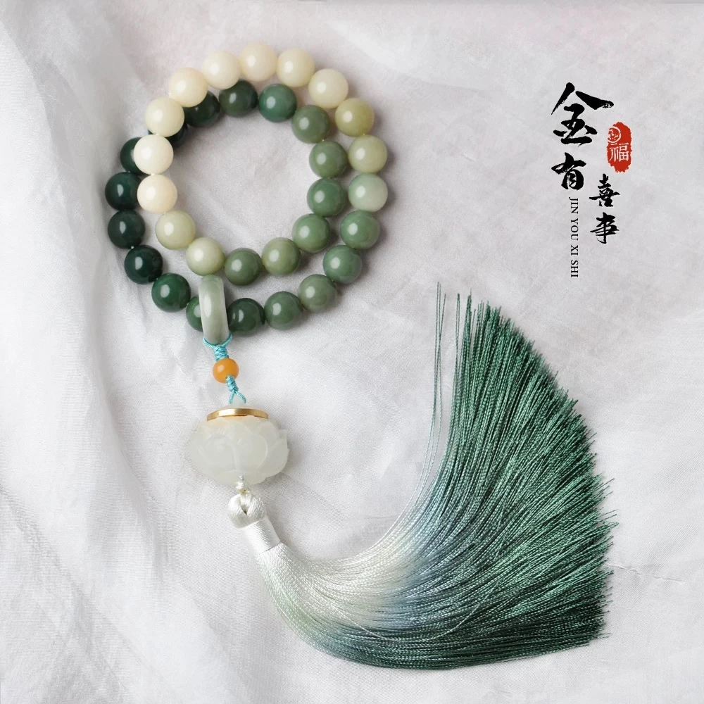 【菩提根手串】渐变白玉菩提根手串莲花穗子手持女手链