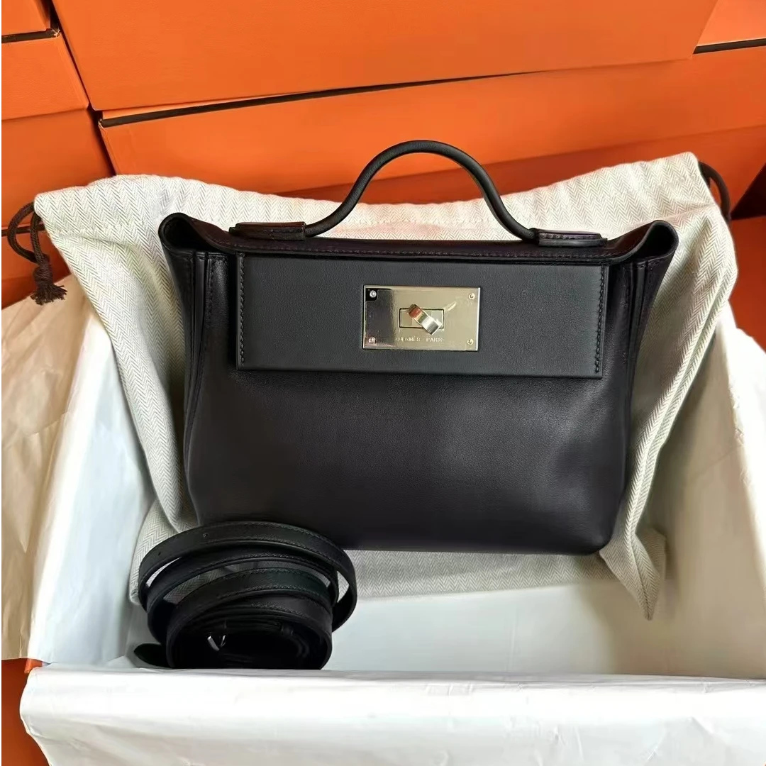 99新 Hermes/爱马仕 青奢荟/黑银2424迷你手提斜挎包/w刻/57083