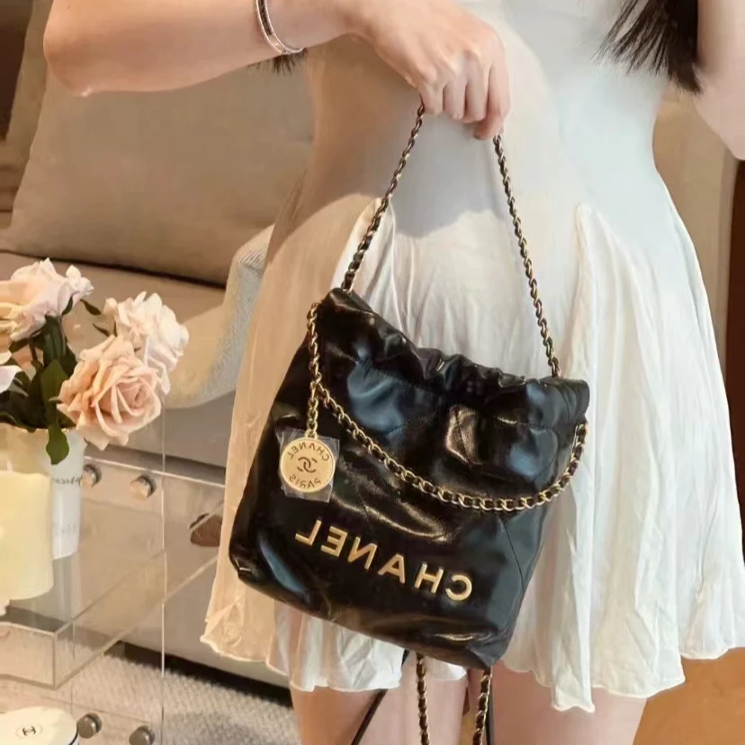 99新 Chanel/香奈儿 青奢荟/黑金色迷你垃圾袋斜跨包/61489