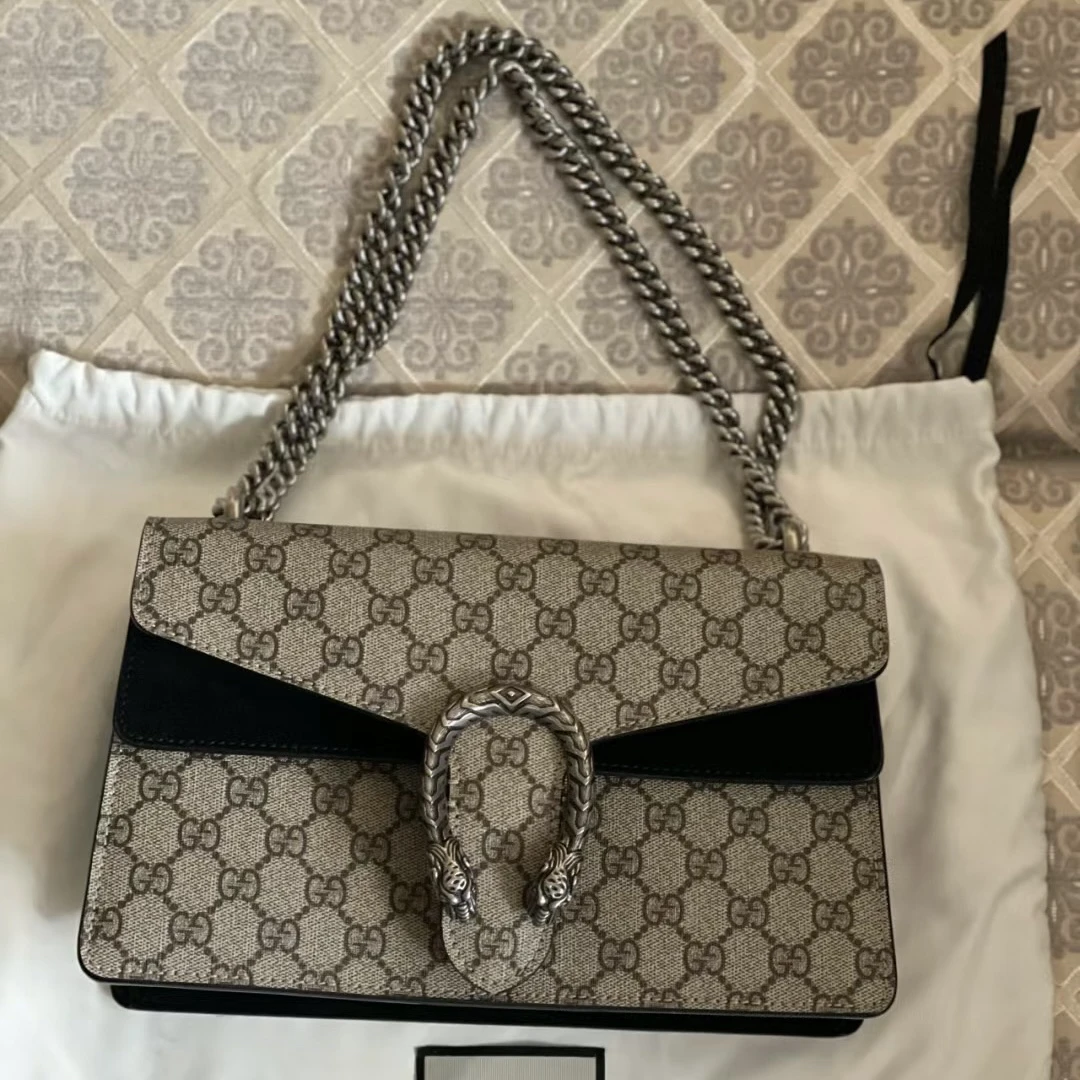 95新 GUCCI/古驰 青奢荟/老花黑色中号酒神链条单肩包/52217/B