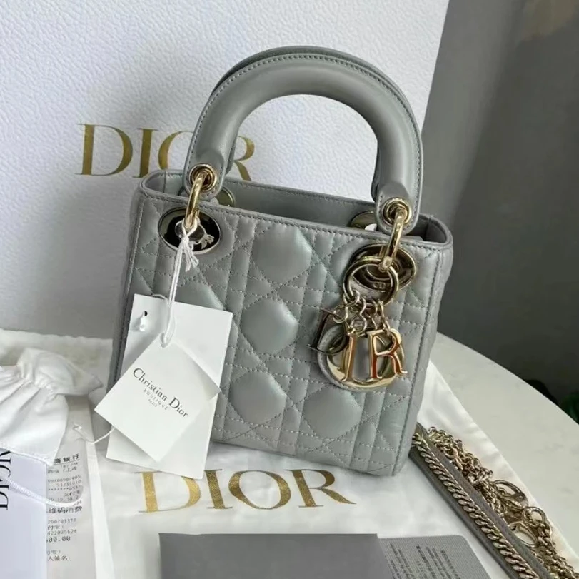 95新 DIOR/迪奥 青奢荟/珠光灰色戴妃三格手提包百搭//45450