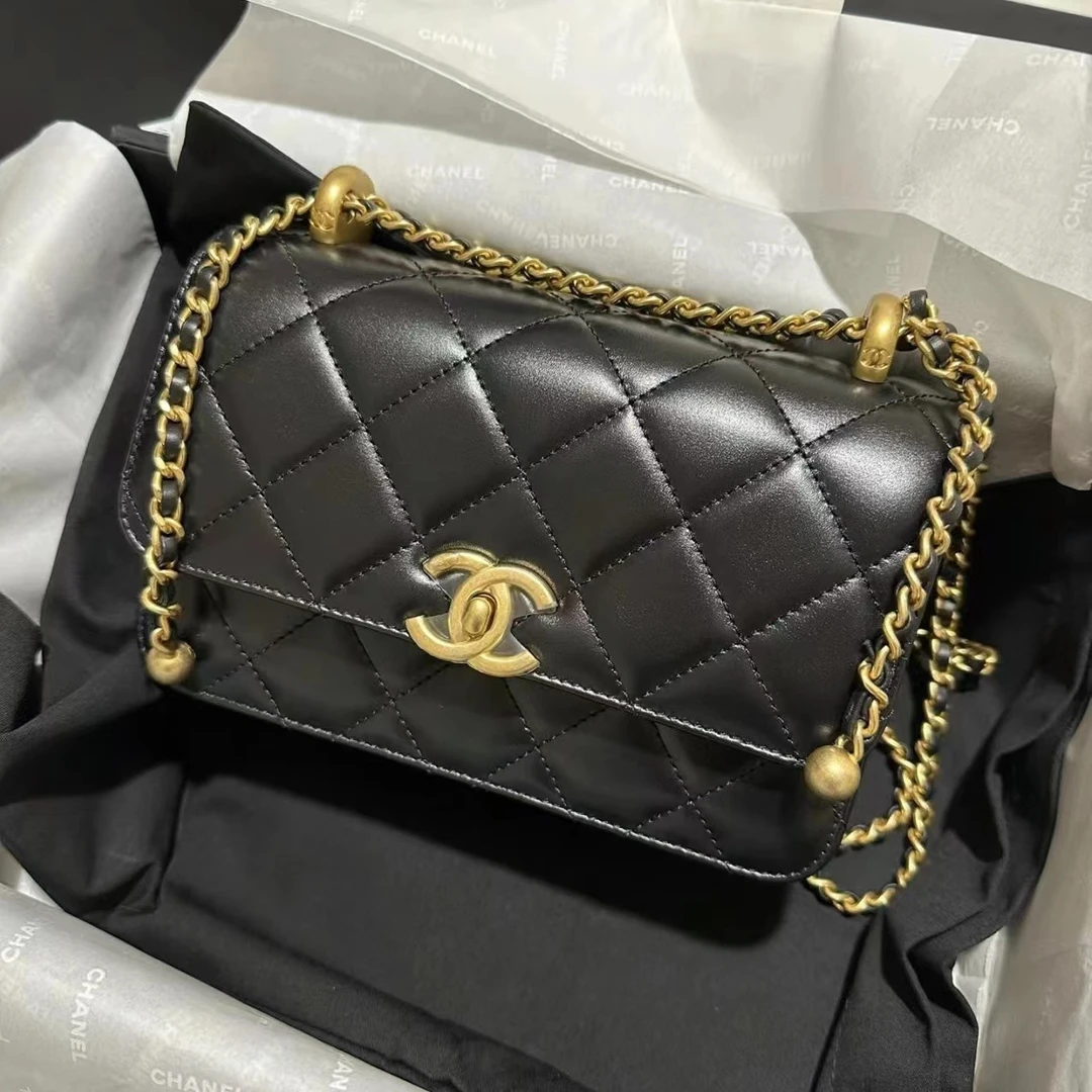 99新 Chanel/香奈儿 青奢荟/黑金双金珠19斜挎包/71005