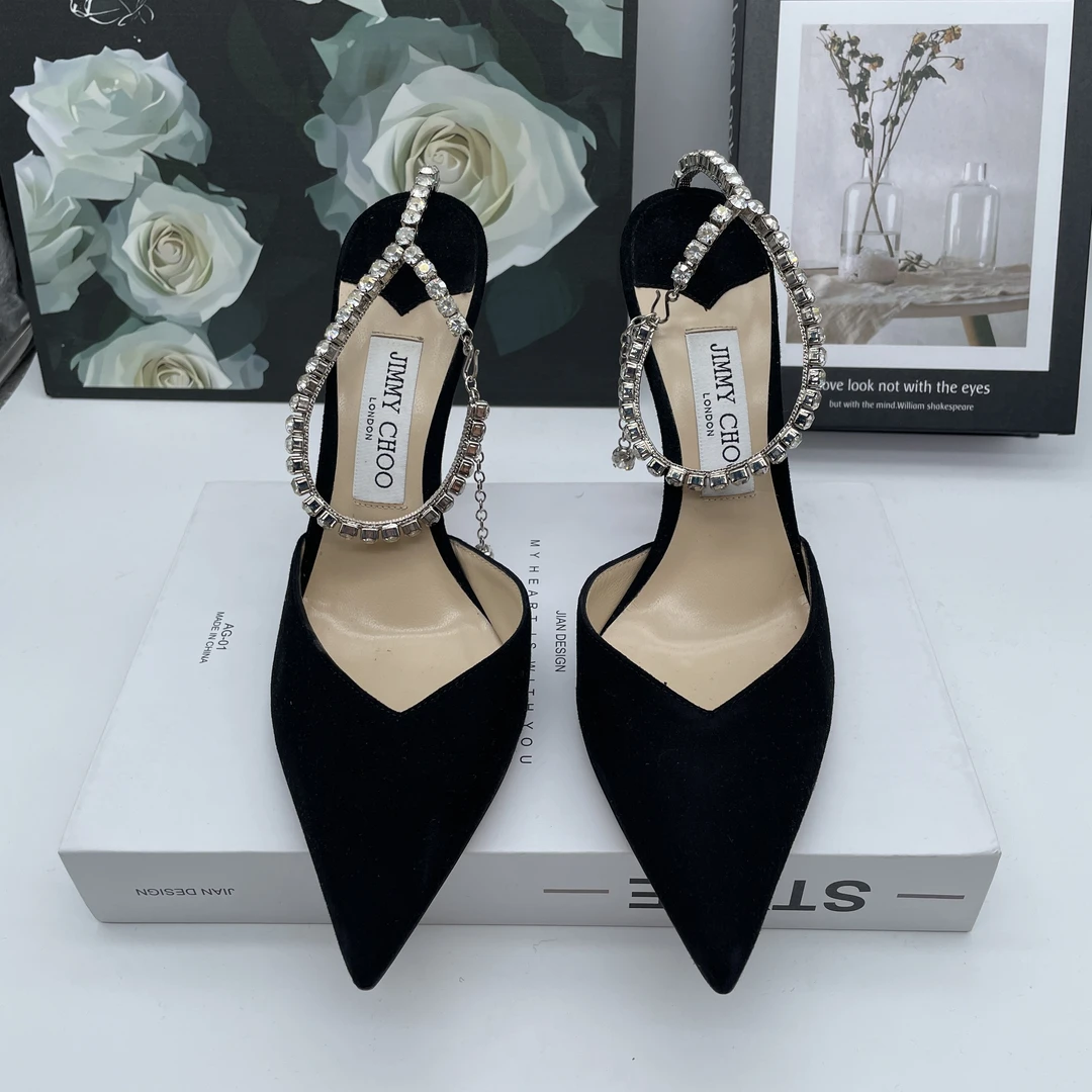 95新 JIMMY CHOO/吉米周 青奢荟/39码/气质黑色带钻细高跟//48025