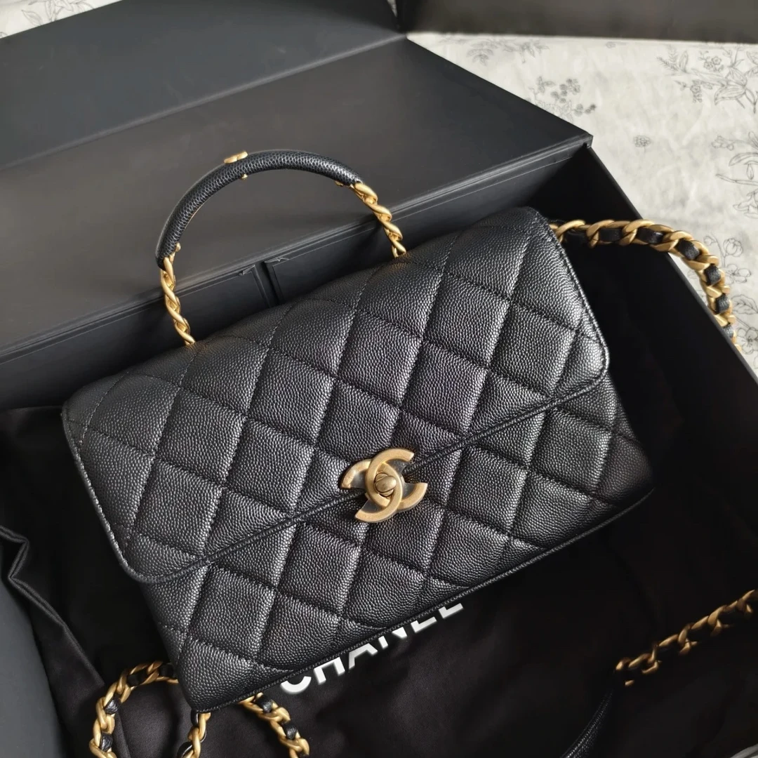 95新 Chanel/香奈儿 青奢荟/黑金carryme22手柄斜挎包/54247