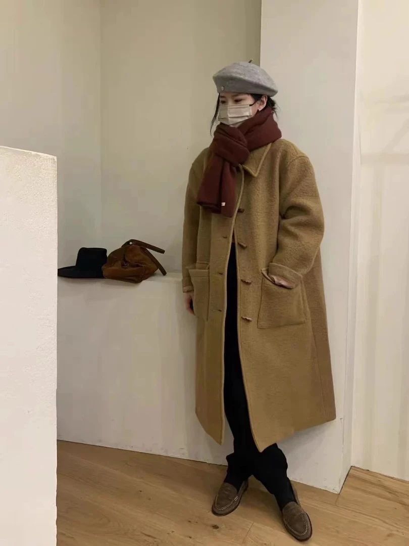 秋冬宽松中长款翻领羊驼毛大衣时尚休闲直筒外套