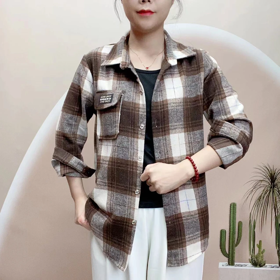 正版春款宽松磨毛格子衬衫女毛呢外套大码3011