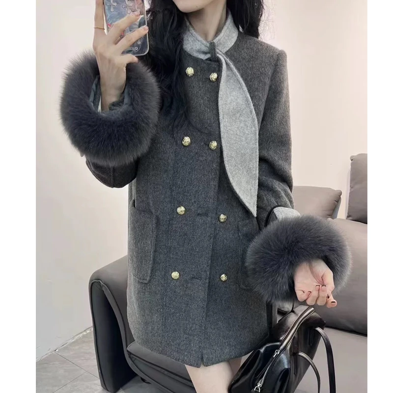 【24169】撞色领结可拆卸毛毛袖中长款毛呢外套女