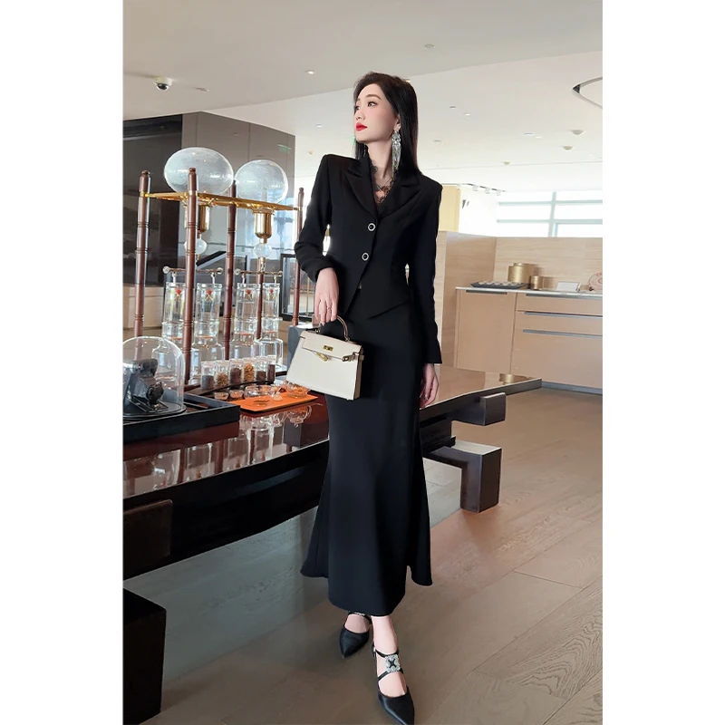 格润雅【紫韵】新款修身显瘦蕾丝拼接上衣鱼尾包臀裙显瘦气质套装裙