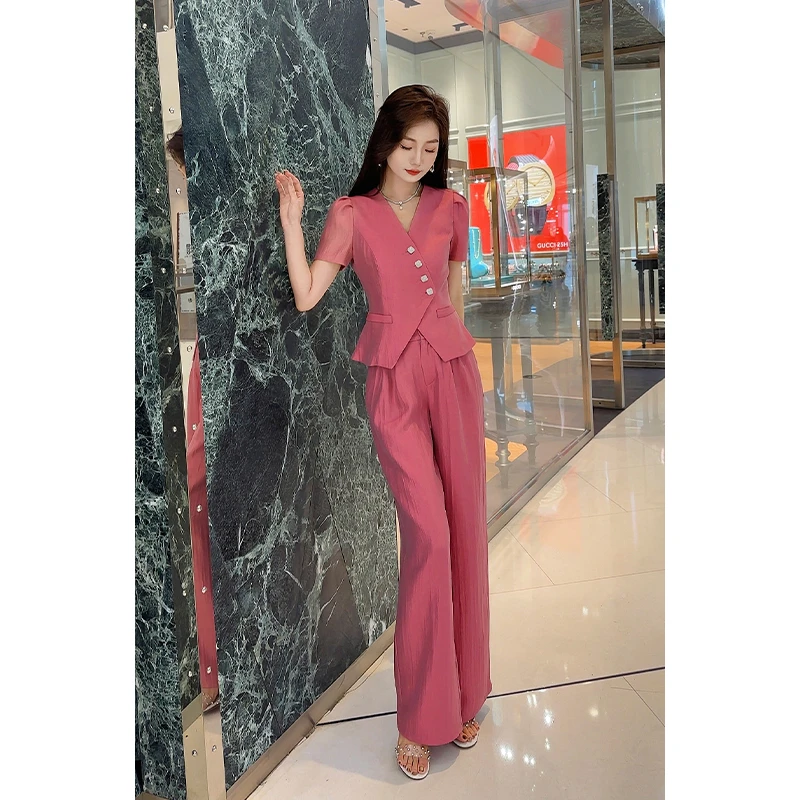 格润雅气质套装女2024夏季新款V领不规则短袖上衣阔腿裤两件套